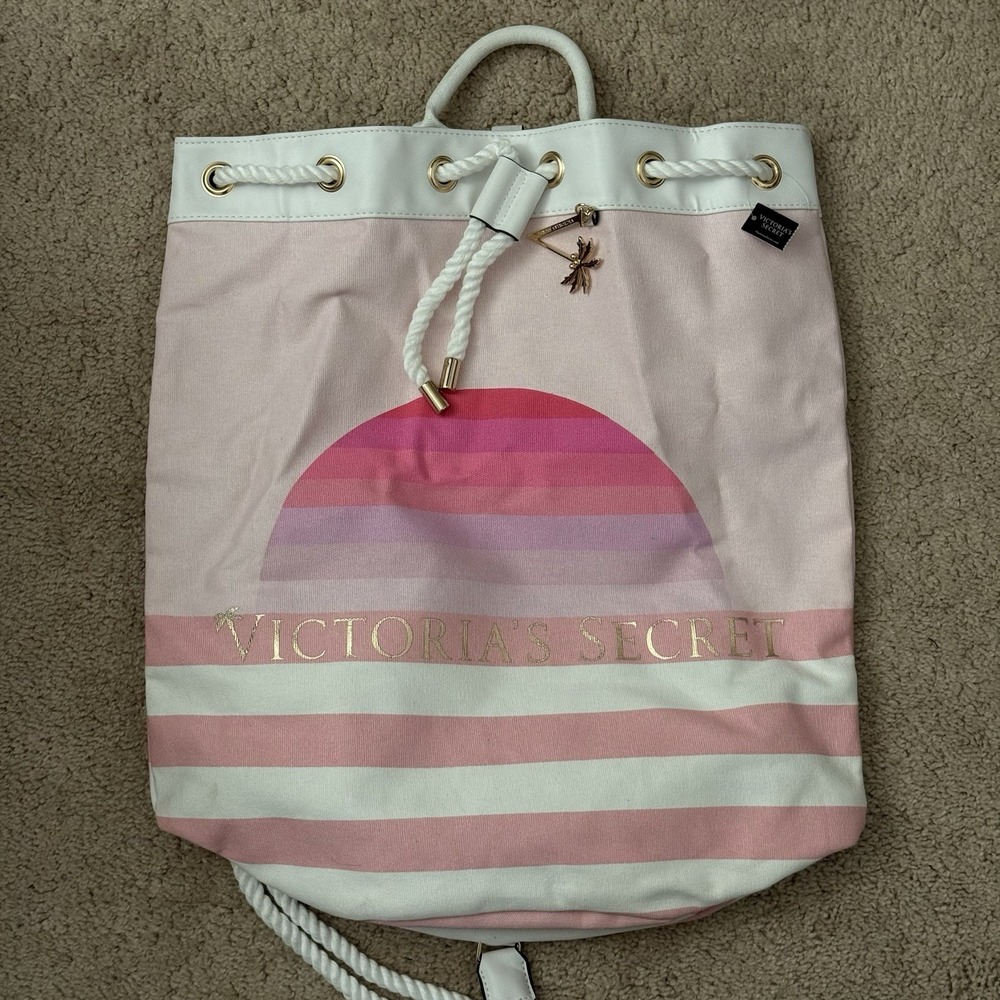 Victoria's Secret Pink Striped Sunset Cinch Drawstring Tote Beach Backpack NWT